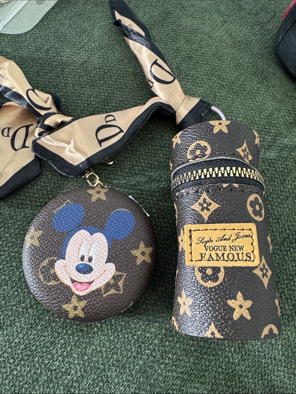 Vogue New Famous Brown Monogram Mickey Coin Pouch & Lip Case Set